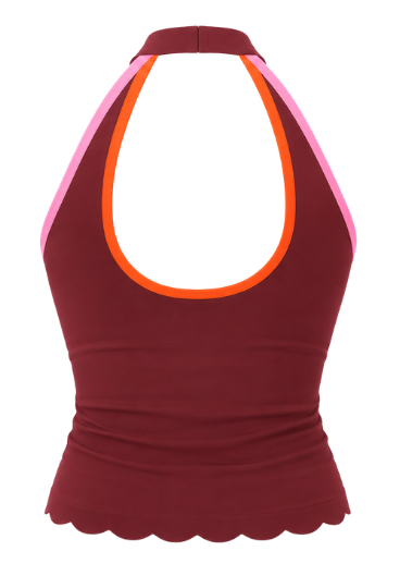 Peaches Active - Paris Stripe Halter Neck Top Solid Edition Red Maroon
